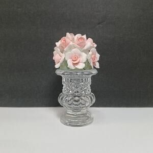 Waterford Crystal Mini Flower Bud Vase with Pink Porcelain Roses, 3" Tall